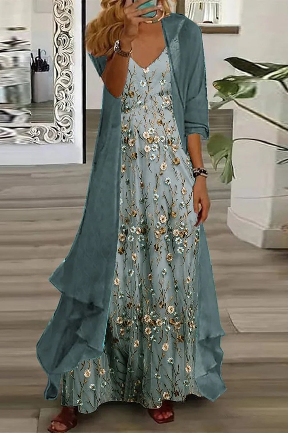 Vespera | Women's Floral Maxi Dress and Cardigan Set - Teal - Image 1