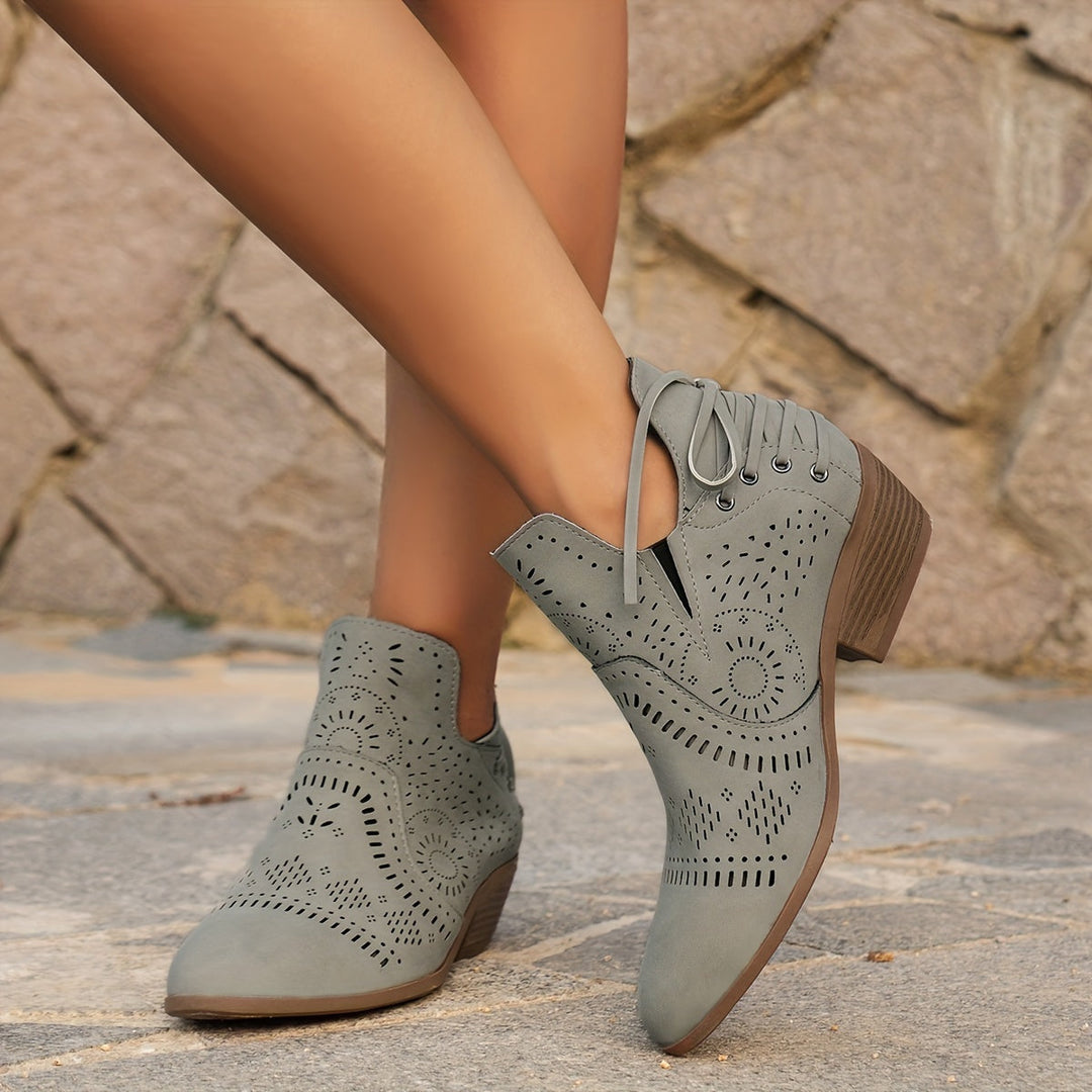 Vornala | Women's Cutout Ankle Boots with Block Heel - Sage - Image 1