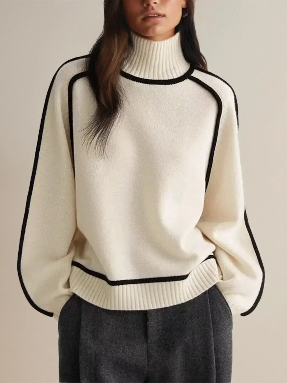 Vornaleth | Women's Oversized Turtleneck Knit Sweater - Cream - Image 2
