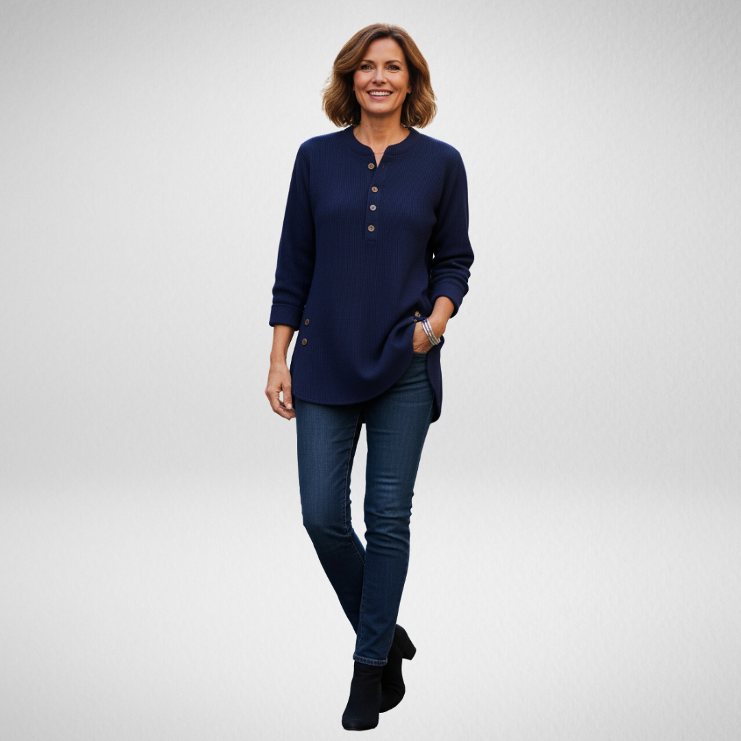 Vornella | Women's Long Sleeve Henley Tunic Top - Navy - Image 1