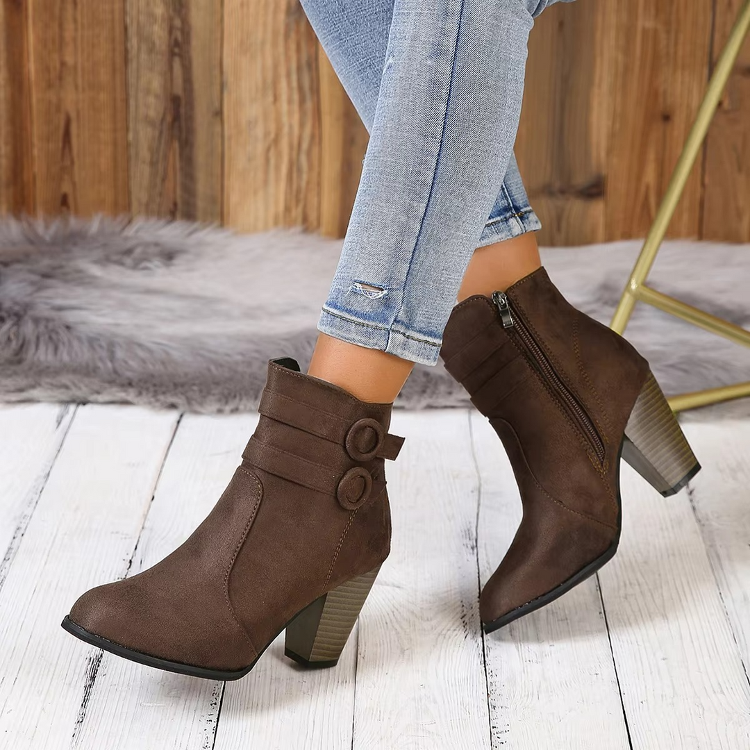 Vornesse | Women's Block Heel Ankle Boots with Side Zip - Brown - Image 1