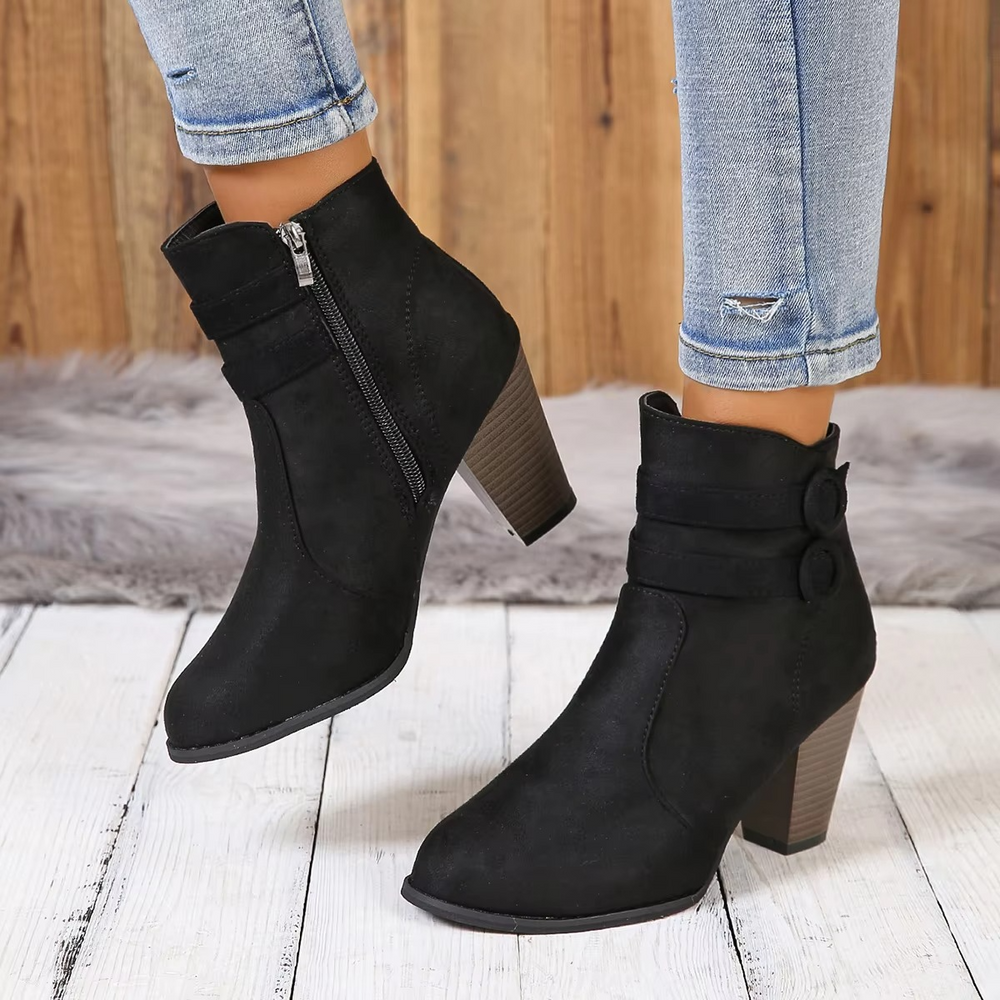 Vornesse | Women's Block Heel Ankle Boots with Side Zip - Brown - Image 2