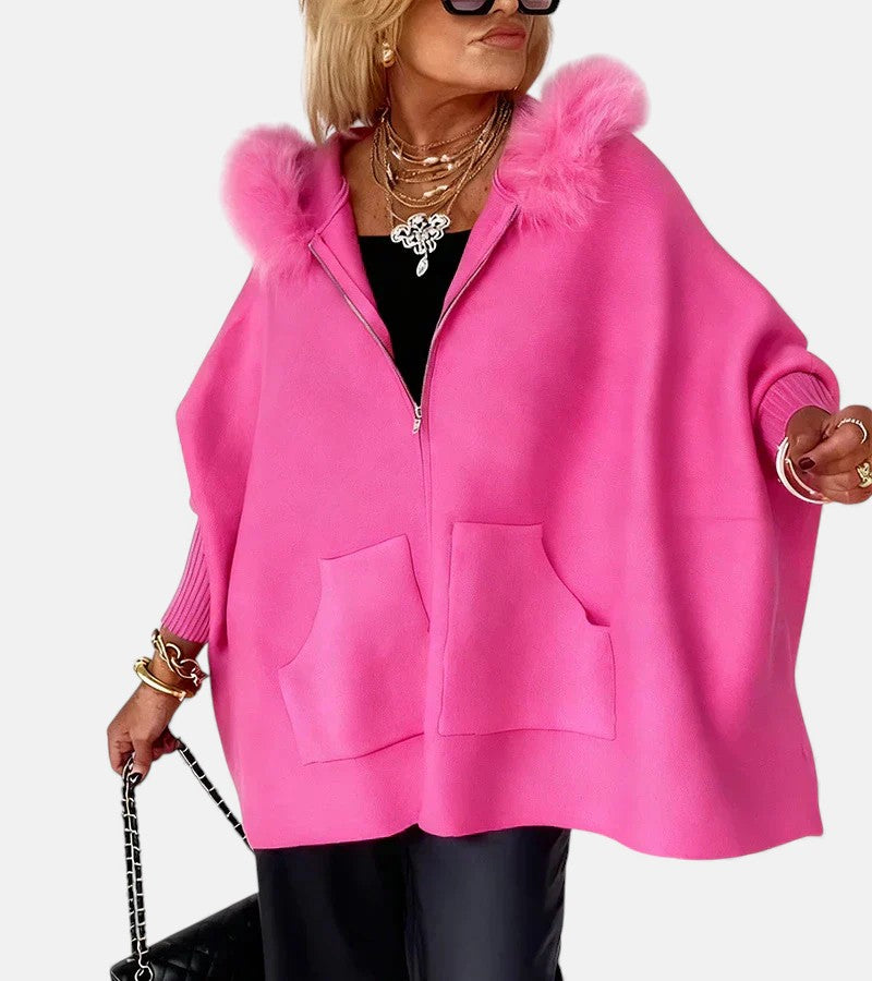 Vorrindelle | Women's Hooded Zip-Up Cape Coat - Hot Pink - Image 1