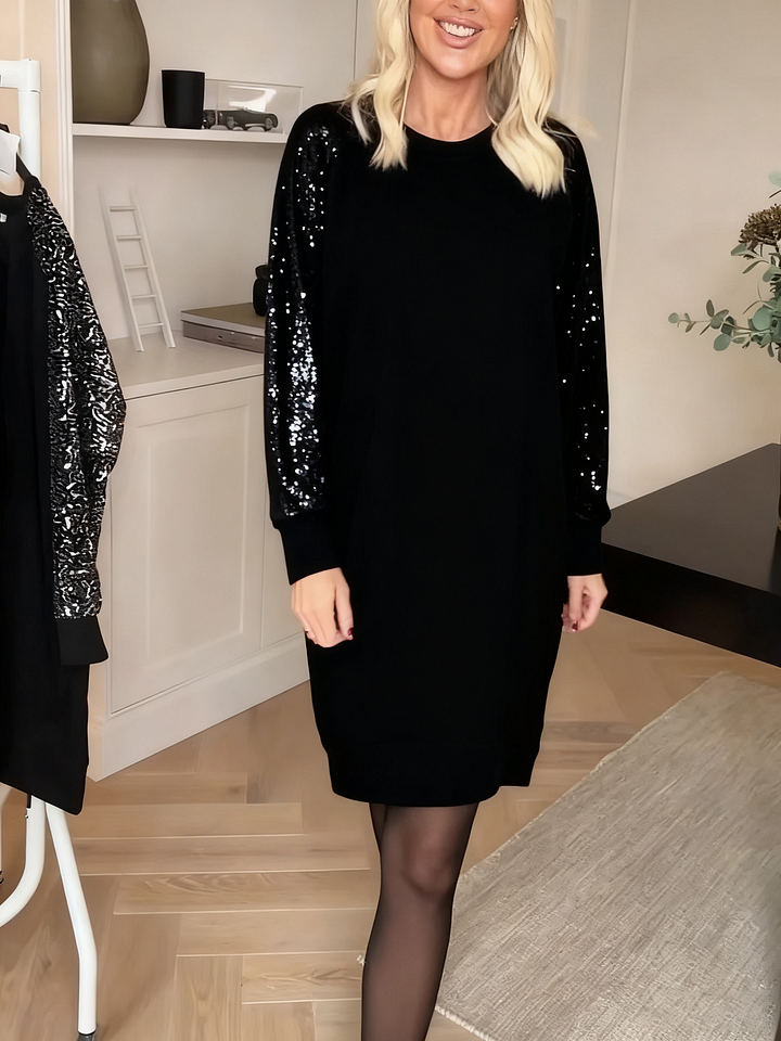 Vorryn | Women's Sequin Sleeve Sweatshirt Dress - Brown - Image 2