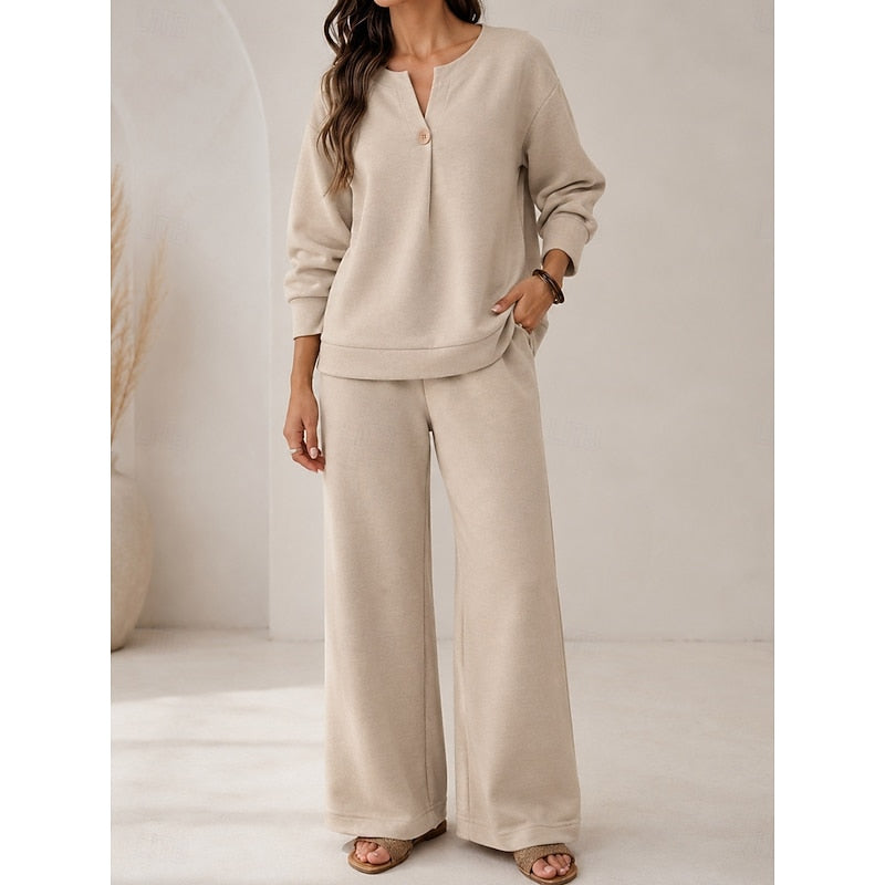 Welvorne | Women's Fleece Loungewear Set Wide Leg Pants - Beige - Image 1