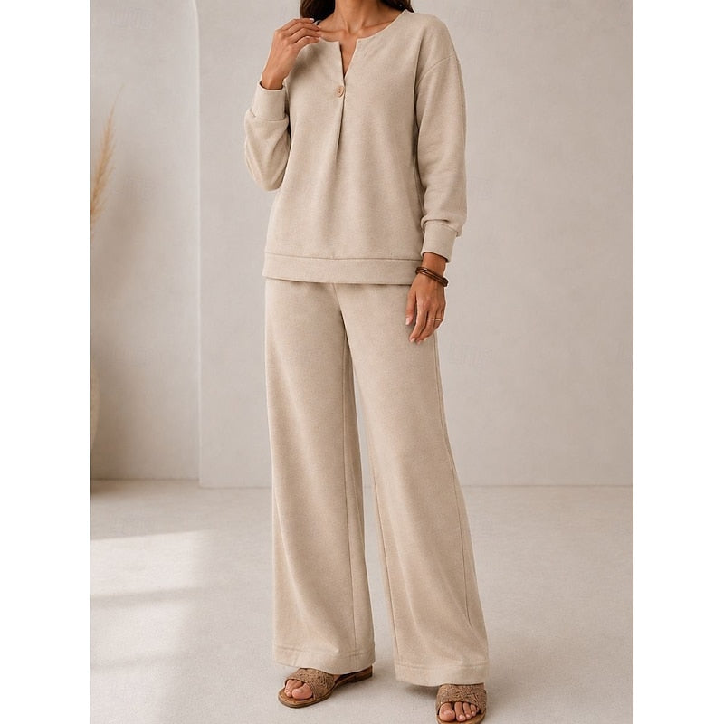 Welvorne | Women's Fleece Loungewear Set Wide Leg Pants - Beige - Image 2