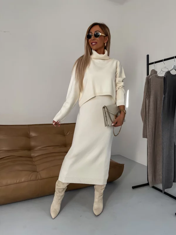 Wrenelle | Women's Knit Sweater Dress Two-Piece Set - Cream - Image 1