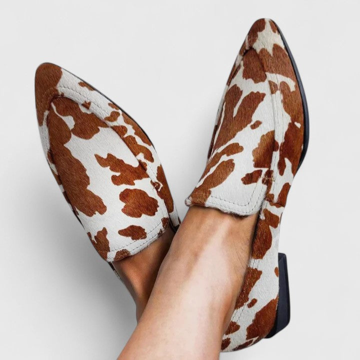 Wrenford | Women's Cow Print Penny Loafers Pointed Toe - Image 1