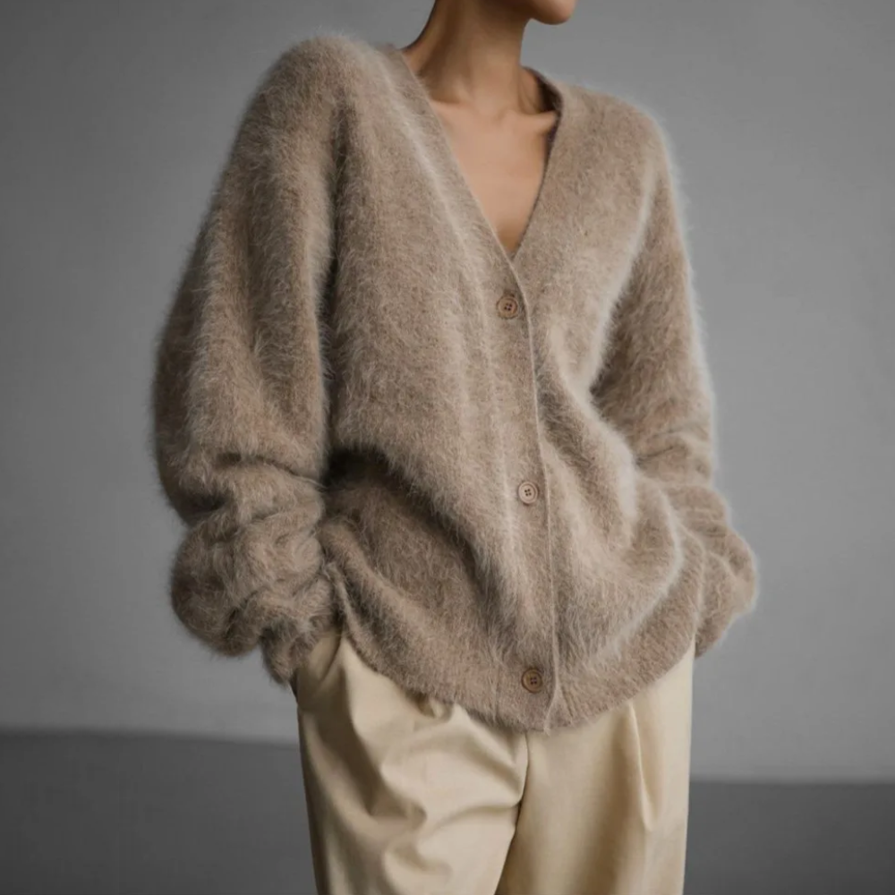 Wrenley | Women's Oversized Fuzzy Cardigan Sweater - Taupe - Image 1