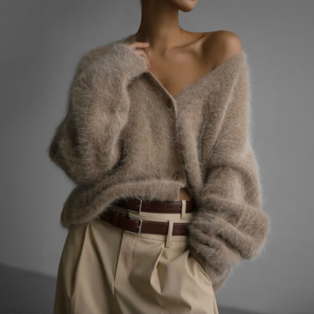 Wrenley | Women's Oversized Fuzzy Cardigan Sweater - Taupe - Image 2