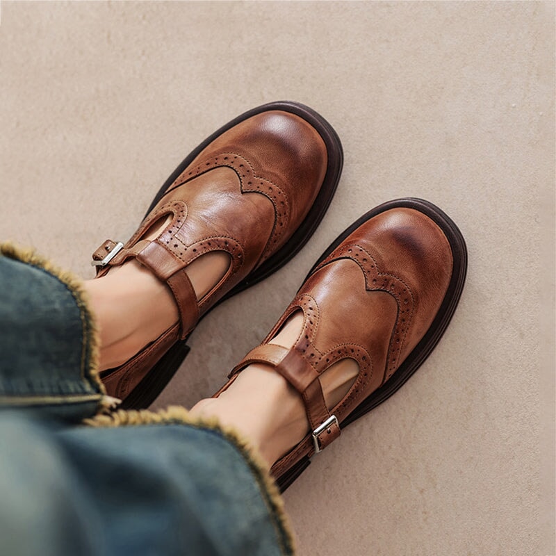 Wrenova | Women's Brogue Mary Jane T-Strap Flats - Brown - Image 1