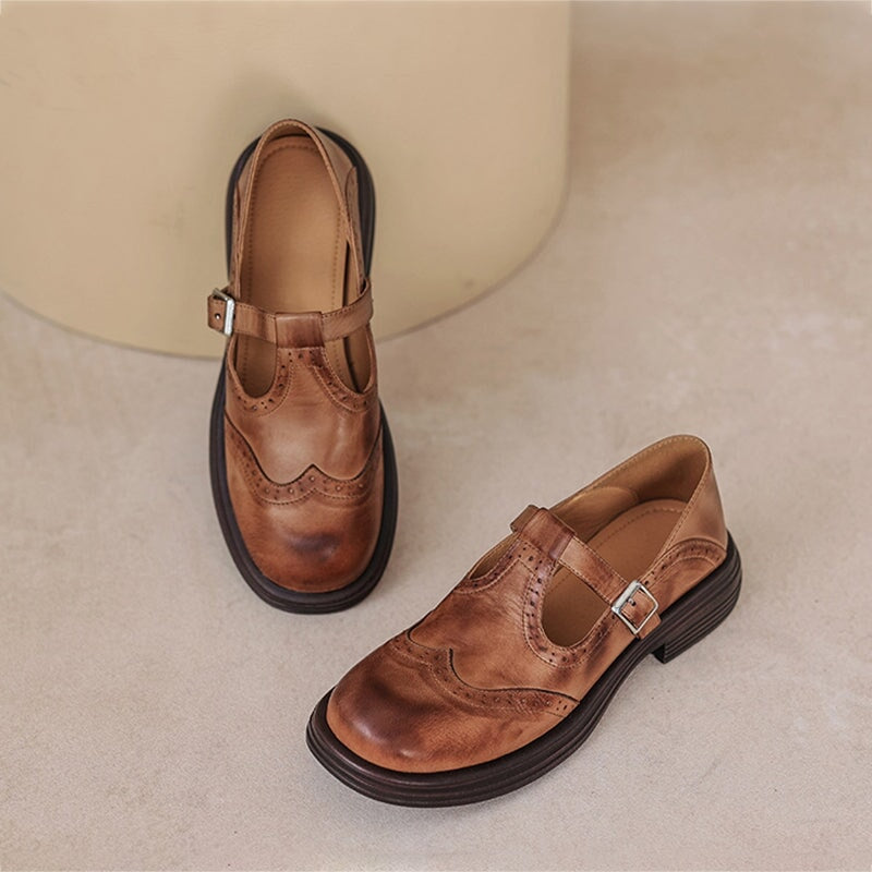 Wrenova | Women's Brogue Mary Jane T-Strap Flats - Brown - Image 2