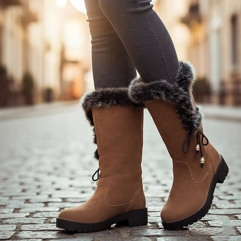 Wrenova | Women's Knee High Winter Boots Fur-Trimmed - Camel - Image 1