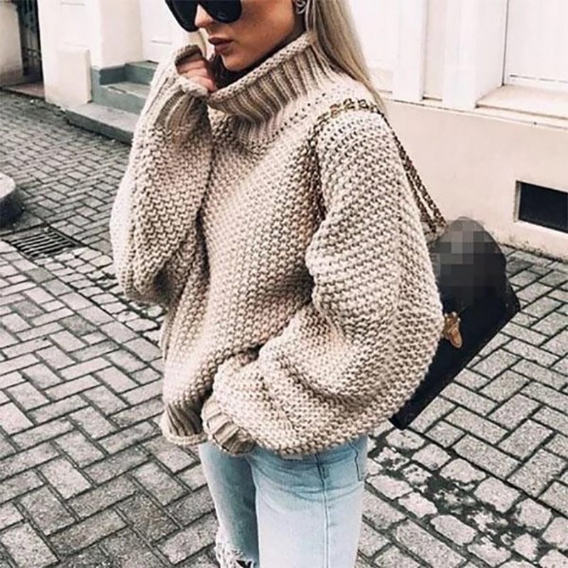 Wrenova | Women's Oversized Chunky Knit Turtleneck Sweater - Beige - Image 1