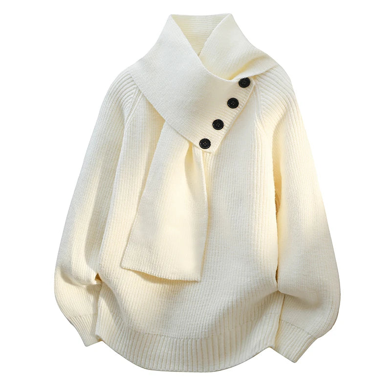 Wrenova | Women's Oversized Knit Sweater with Scarf Neck - Cream - Image 1