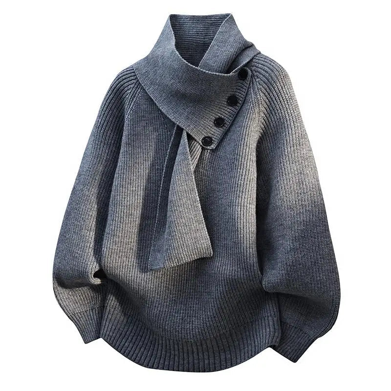Wrenova | Women's Oversized Knit Sweater with Scarf Neck - Cream - Image 2
