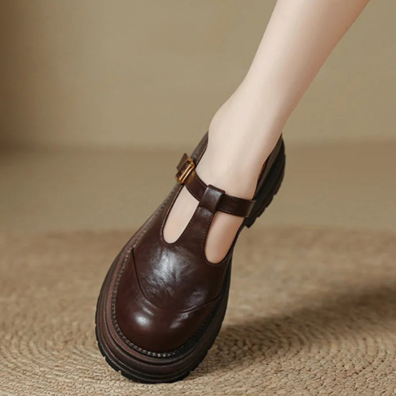 Wrenova | Women's Platform Mary Jane Shoes T-Bar - Dark Brown - Image 1