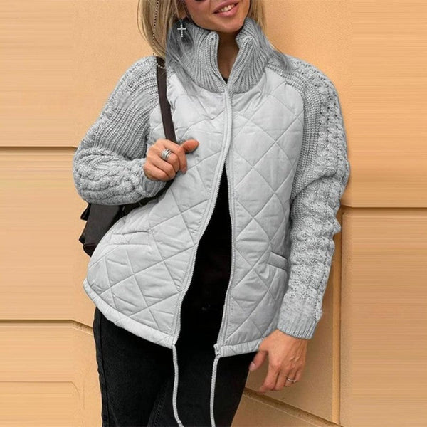 Wrenova | Women's Quilted Jacket with Knit Sleeves - Light Grey - Image 1