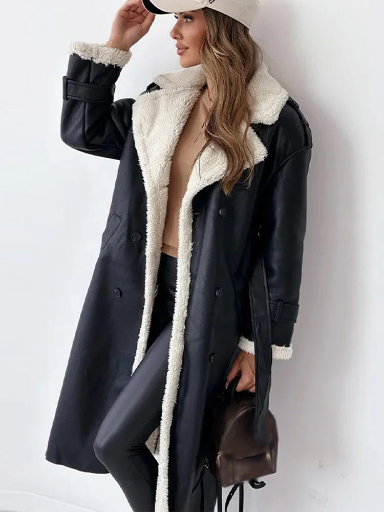 Wrenova | Women's Sherpa-Lined Long Trench Coat - Taupe - Image 2