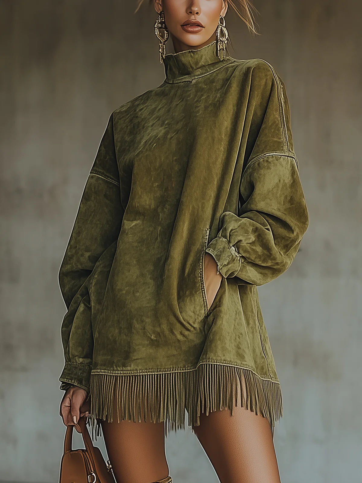 Zelvandre | Women's Fringe Hem Sweater Dress - Olive Green - Image 1