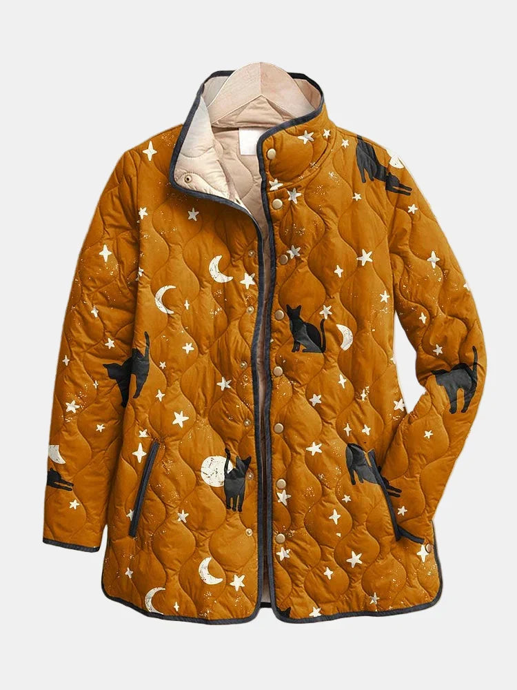 Zelvinda | Women's Quilted Jacket Cat Print Fall Coat - Mustard - Image 1