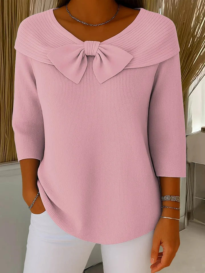 Zolvaine | Women's Ribbed Knit Sweater with Bow - Sky Blue - Image 2