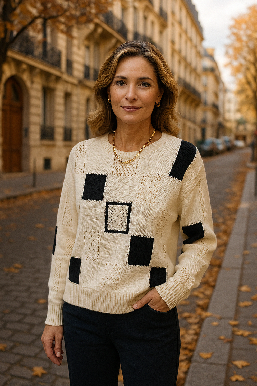 Zornava | Women's Oversized Patchwork Knit Sweater - Cream - Image 2